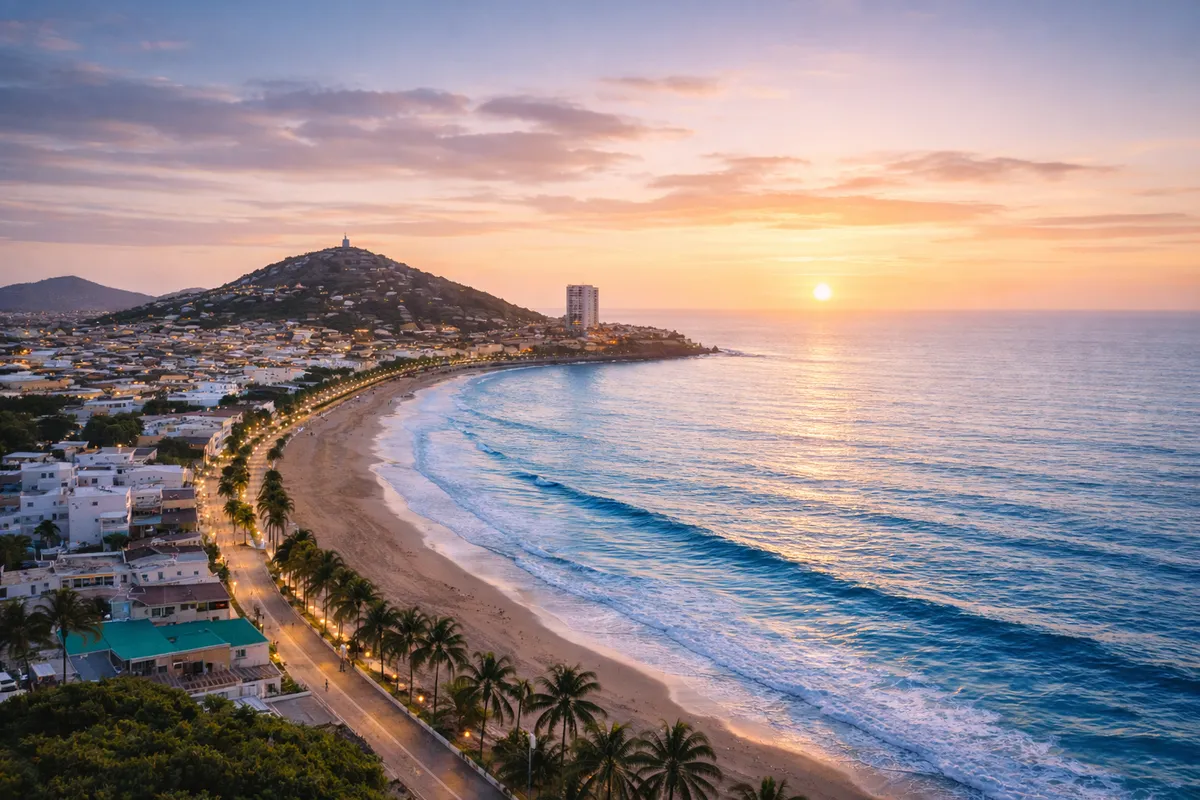 Ilustración generada con IA inspirada en la costa de Mazatlán al atardecer.